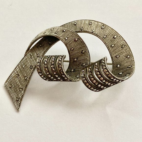 Vintage Sterling Silver Art Deco Marcasite Brooch Pin 925 Estate Ribbon Swirl - Picture 3 of 14